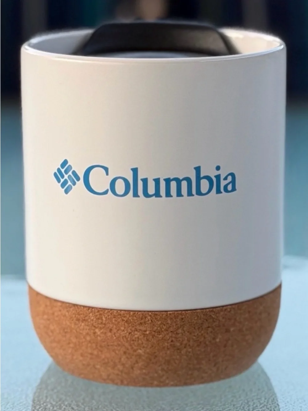 Columbia White Travel Mug with Black Lid and Cork Base